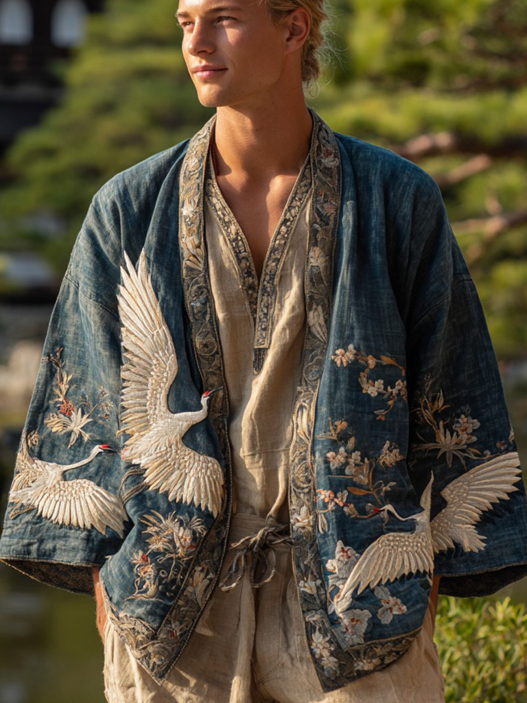 Japanese Cranes With Floral Art Linen Blend Kimono Cardigan