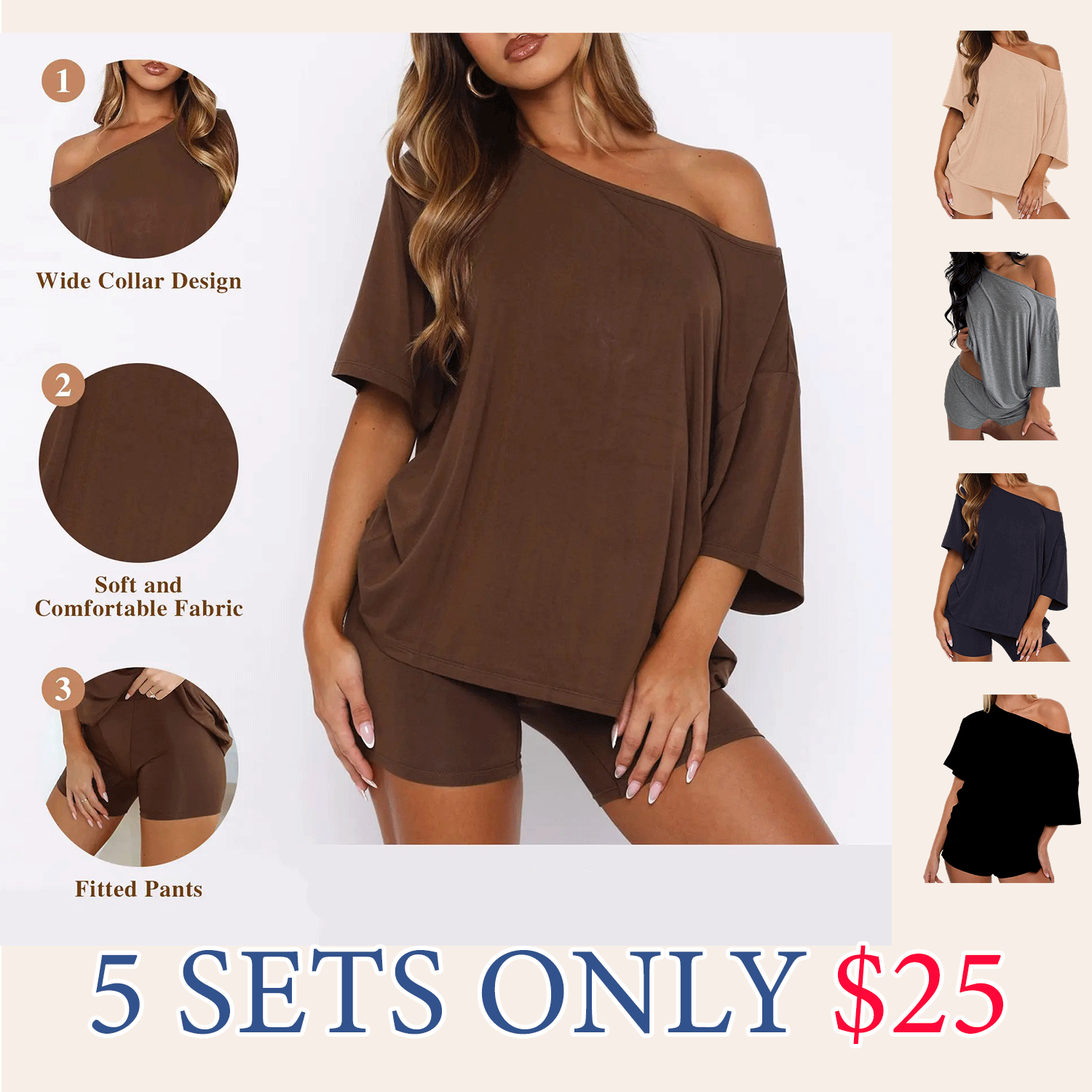 Women’s Casual Two Piece Lounge Set Off Shoulder Top & Fitted Shorts Springtok