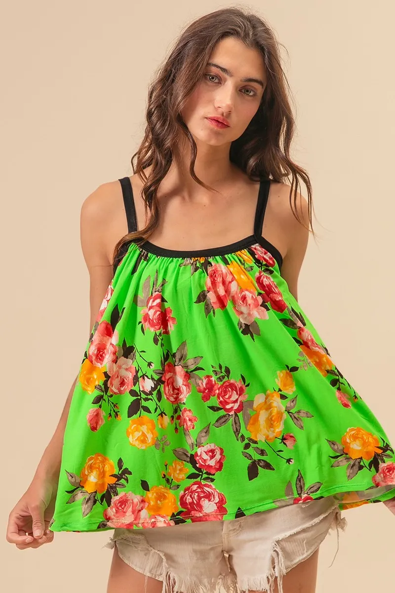 Floral Print Jersey Knit Gathering Cami Top