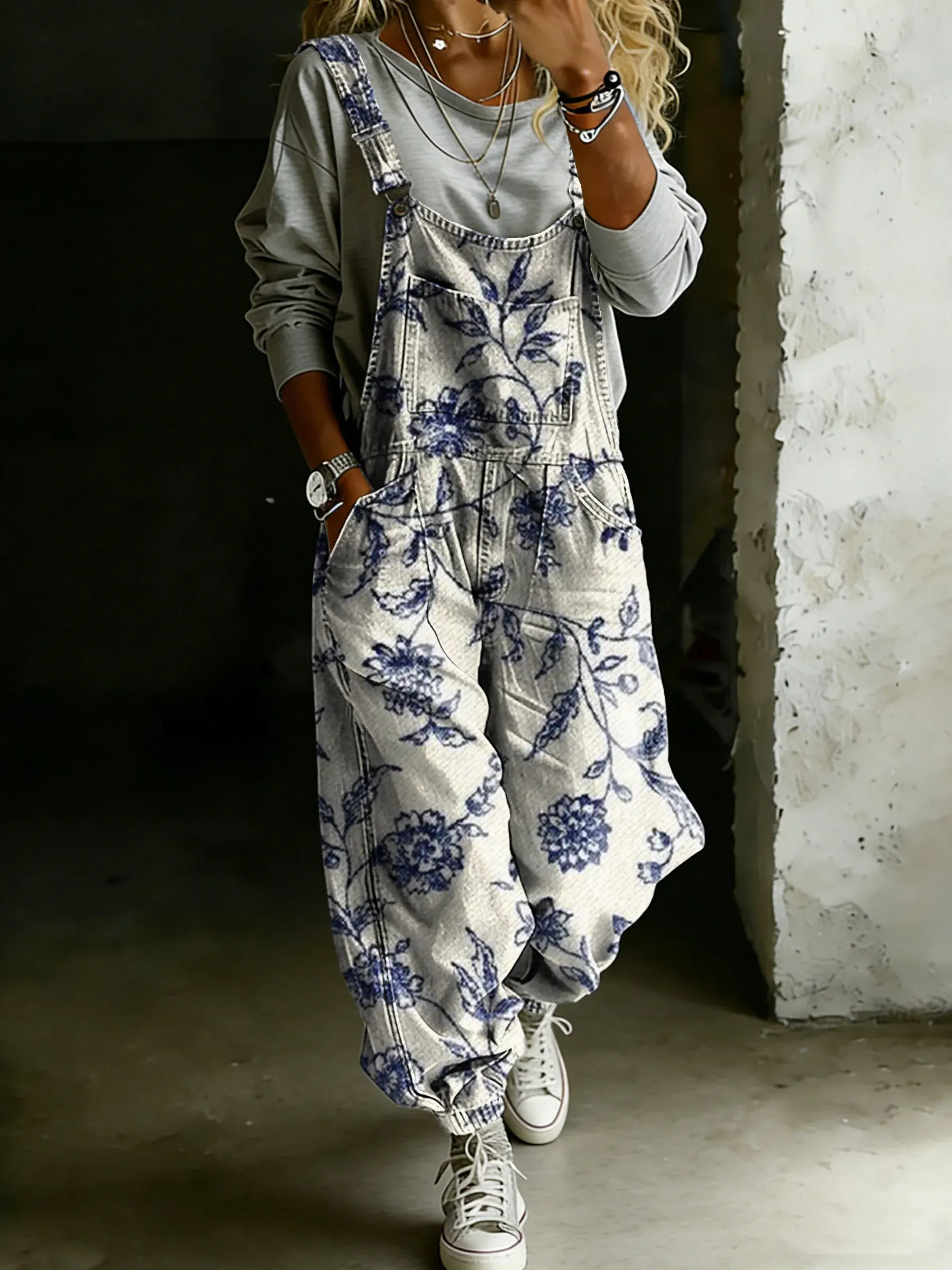 Women’s Vintage Floral Art Print Casual One Piece Denim Jumpsuit