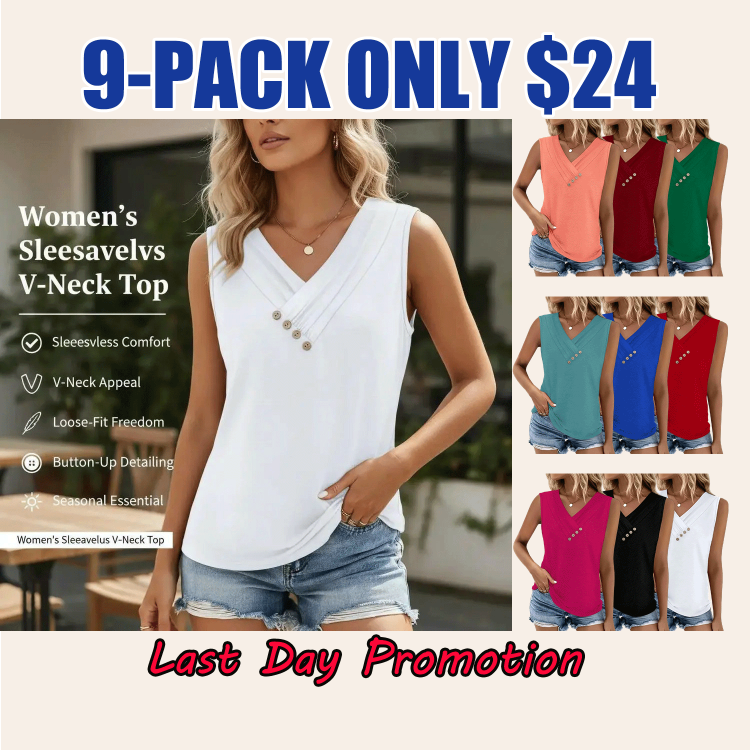 ✨Easter Sale!Women’s V-Neck Button Front Tank Top