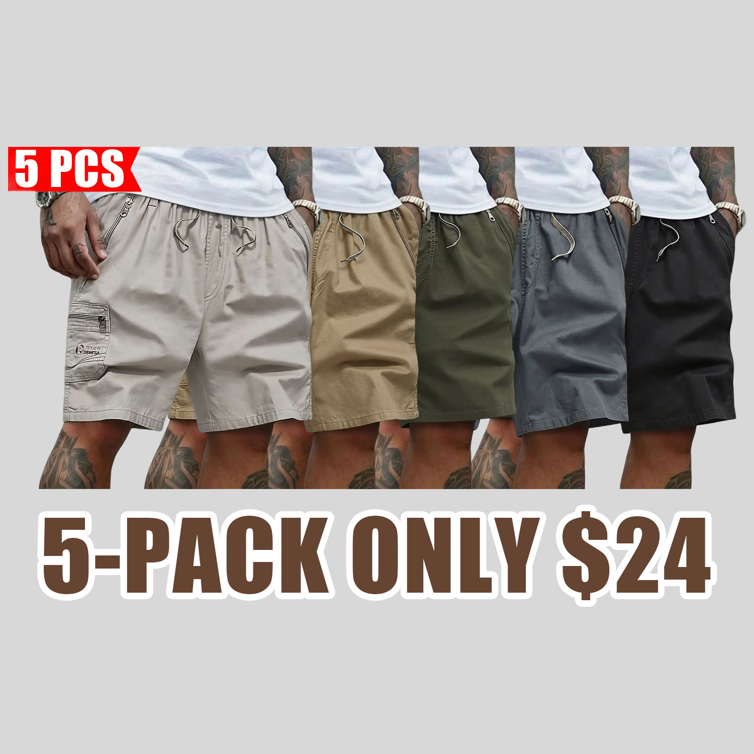 Men's 5-Pack Cargo Shorts | Casual Drawstring Elastic Waist Shorts with Zipper Pockets | Quick Dry Lightweight Streetwear for Summer, Beach, Daily Wear & Outdoor Activities