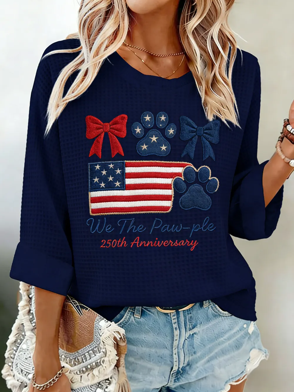 We The Paw-ple 250th Anniversary American Flag Embroidered Waffle Knit Top