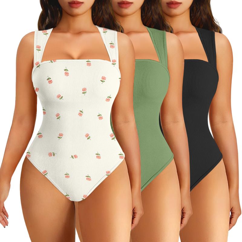 Women's Printed Bodysuit Set Ribbed Square Neck Sleeveless Stretchy Top Nylon Spandex Casual Chic Elegant Comfortable Vacation Style All Seasons