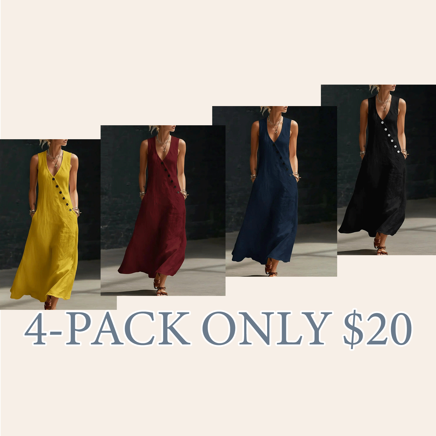 🔥Easter Sale!!Women’s Sleeveless Linen Maxi Dress – V-Neck Button Detail with Pockets