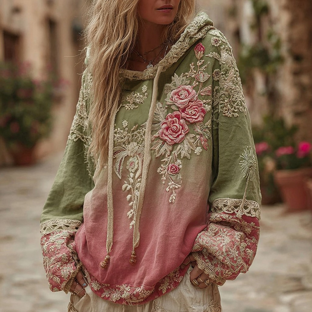 Love & Health Collection Classic Floral Embroidery Gradient Art Linen Long Sleeve Hoodie