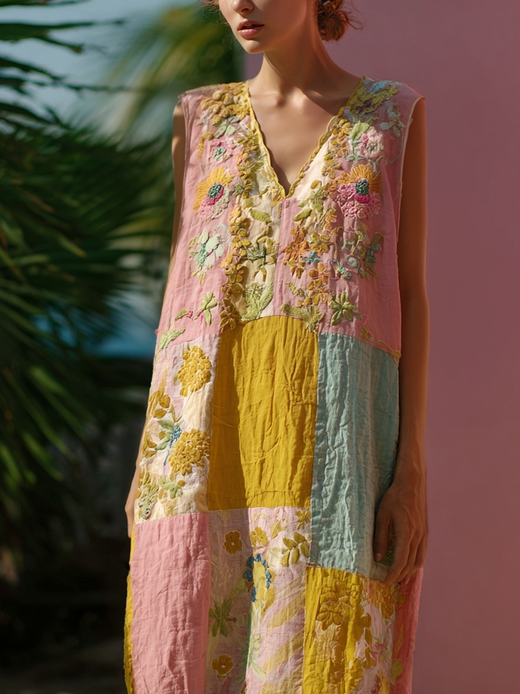 Vintage Boho Floral Patchwork Linen Tank Maxi Dress
