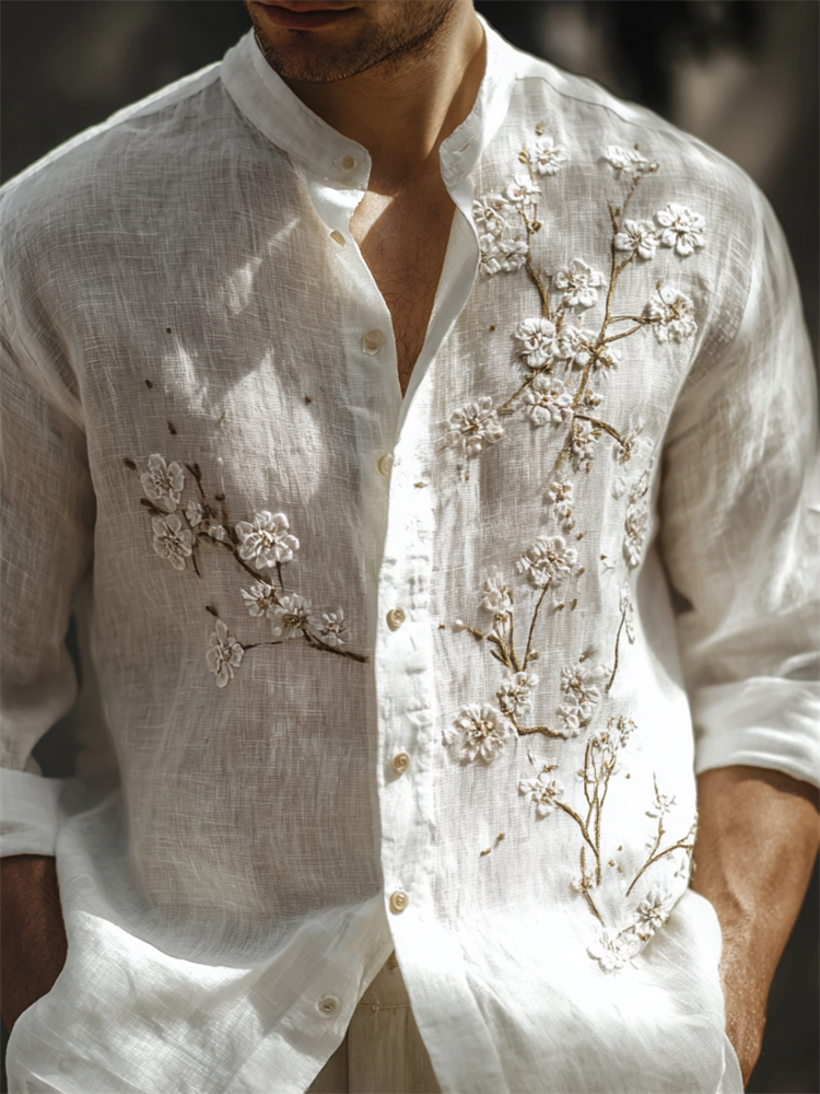 Men's Classy White Almond Blossom Embroidered Linen Shirt