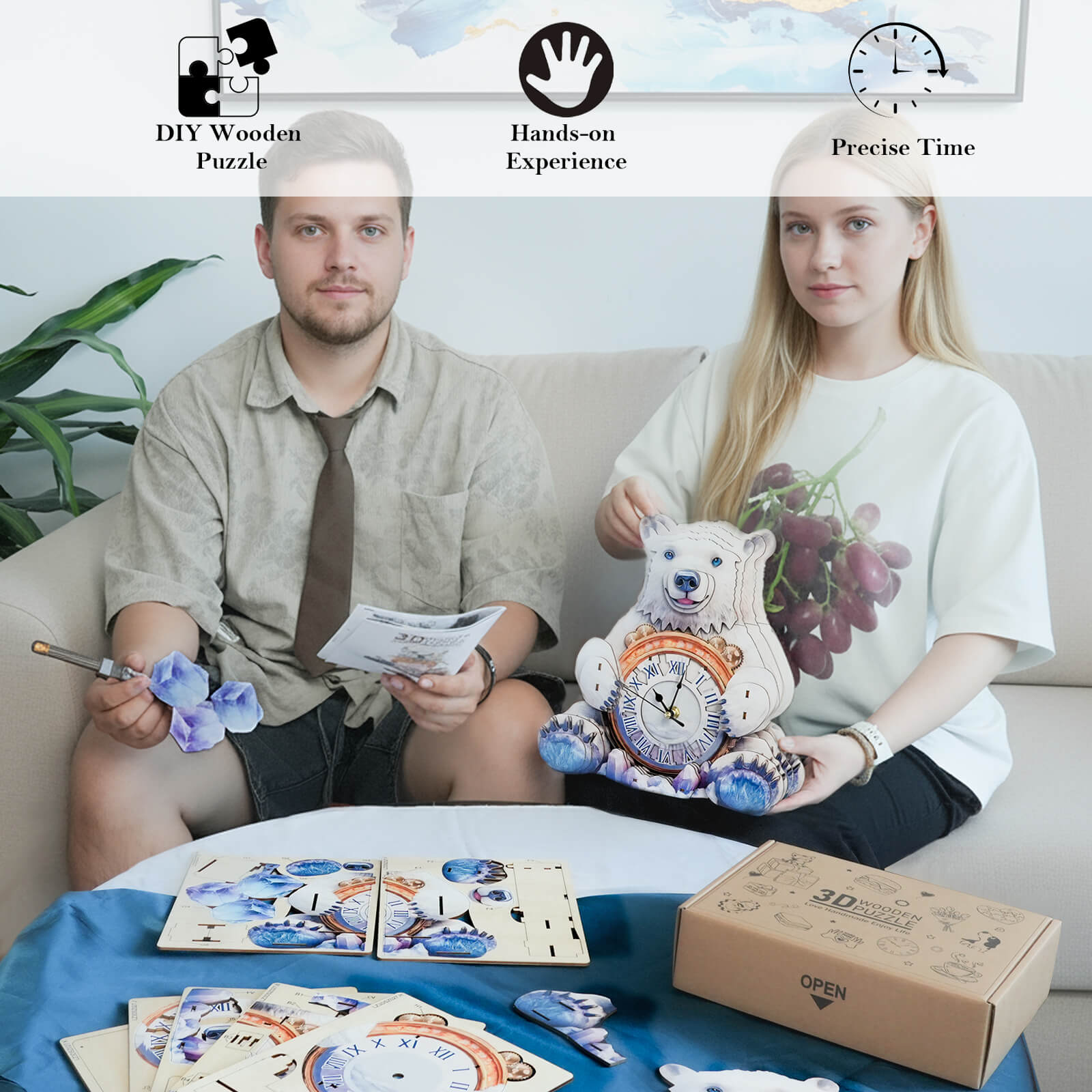 Polar bears– DIY Wooden Clock, 3D Puzzle Craft Kit