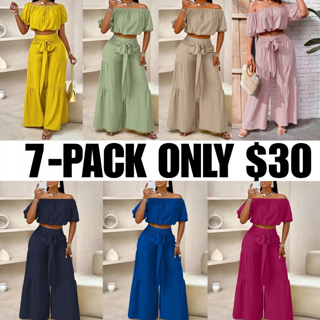 Summer Beach Vacation Bow Shoulderless Round Neck Shirt Wide Leg Pants Set