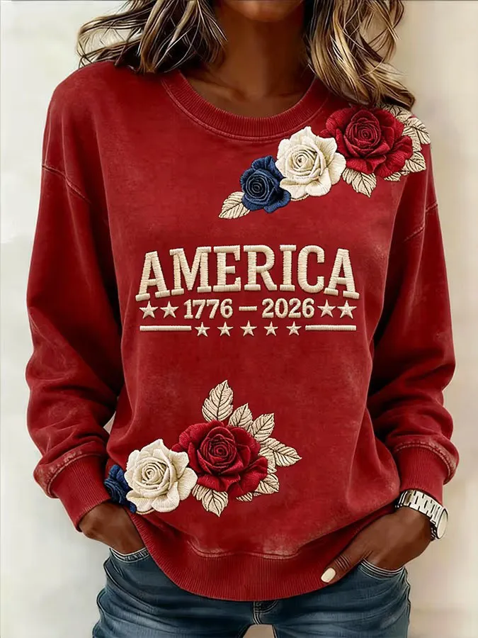 Women'S Retro American Independence Day 250Th Anniversary Printed Round Neck Sweatshirt