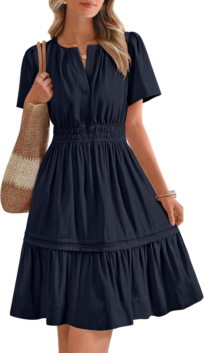Women's Casual Dresses 2025 Summer Spring V Neck Short Sleeve Sundress Smocked Waist A Line Tiered Mini Dress