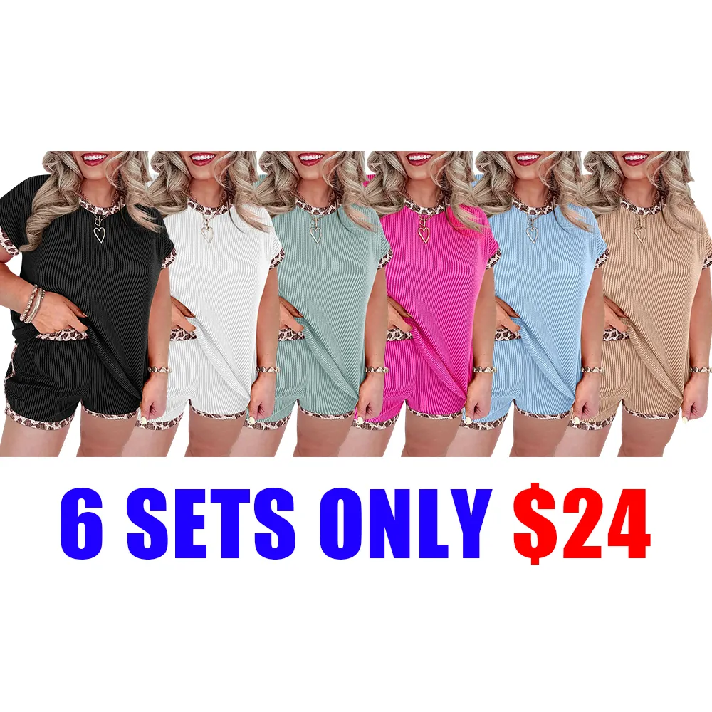 Plus Size Ribbed Knit Lounge Set for Women – Leopard Trim Short Sleeve Top & Shorts Summer Outfit