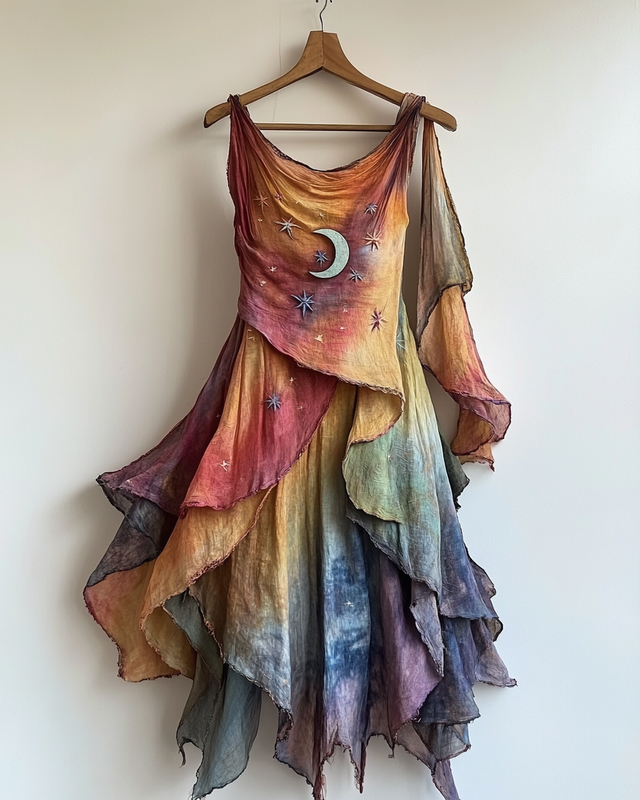 Handmade color block gradient rainbow star and moon irregular dress d64e