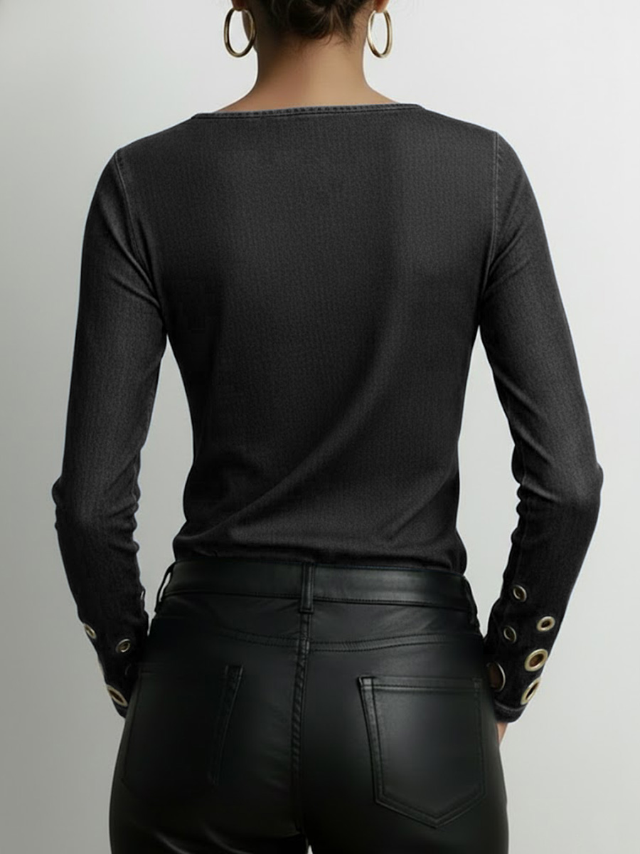 Women's Round Neck Long Sleeve Faux Denim Stretch Casual Loose Denim Top