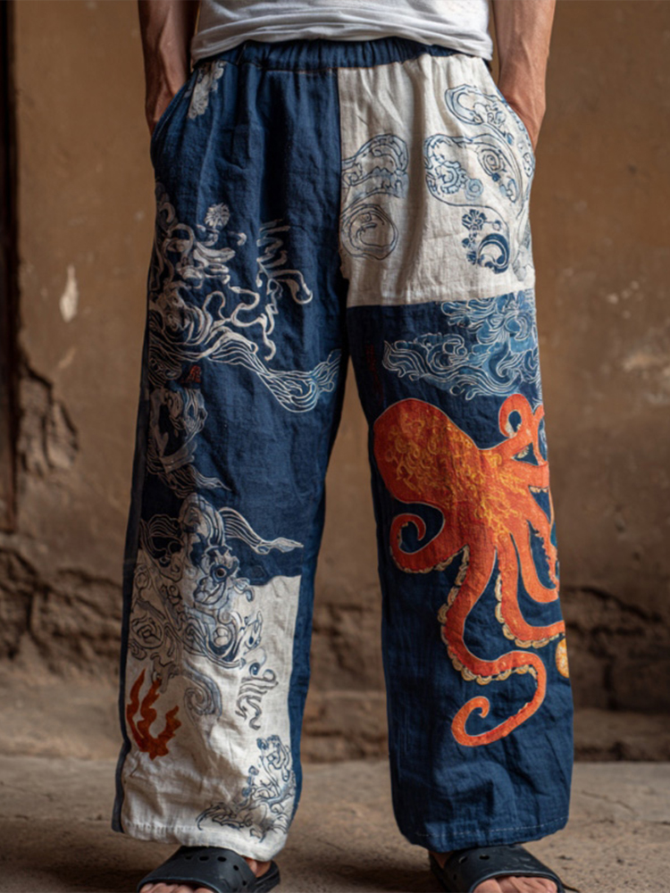 Men's Retro Japanese Art Ocean Octopus Print Casual Pants