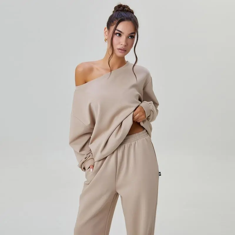 Women's Leisure Solid Color Sloping Shoulder Long Sleeve Top & Wide-Leg Trousers Set