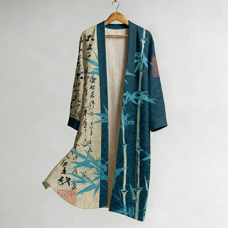 Men's Retro Bamboo And Calligraphy Print Linen Long Kimono