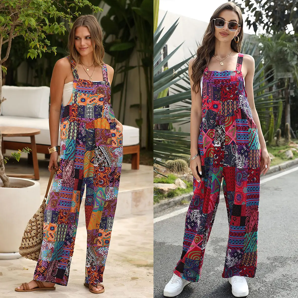 Tanming Women's Patchwork Dual Pocket Jumpsuit Loose Floral Print Bohemian Wide Leg Bib Overall Springfresh