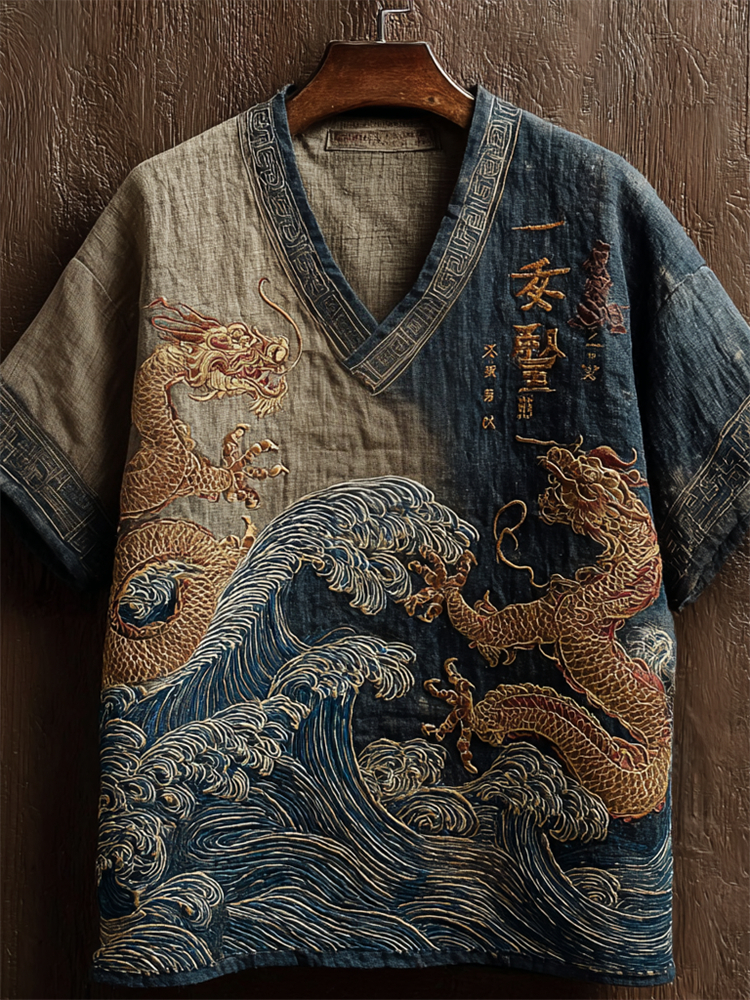 Japanese Dragons & Sea Waves Embroidered Contrast Gradient Linen Shirt
