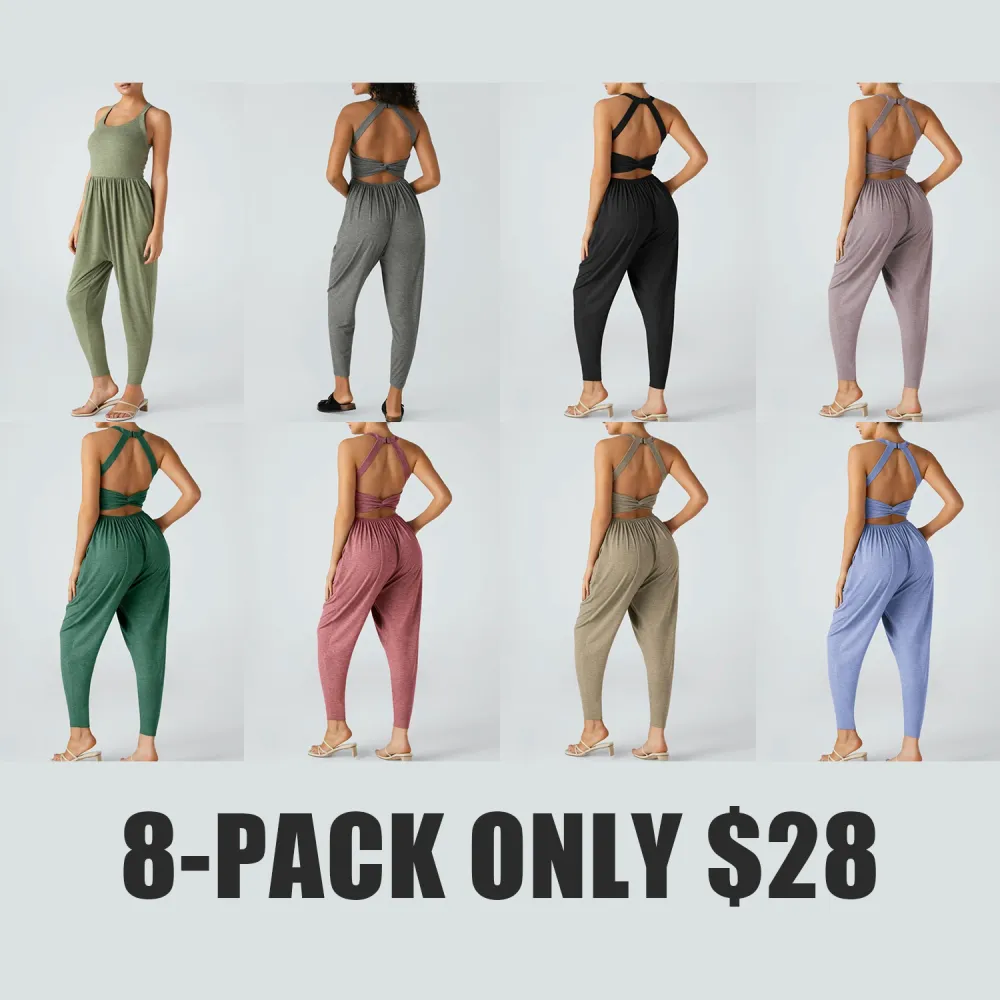 Women's Backless Twisted U-Neck Harem Jumpsuit with Pockets