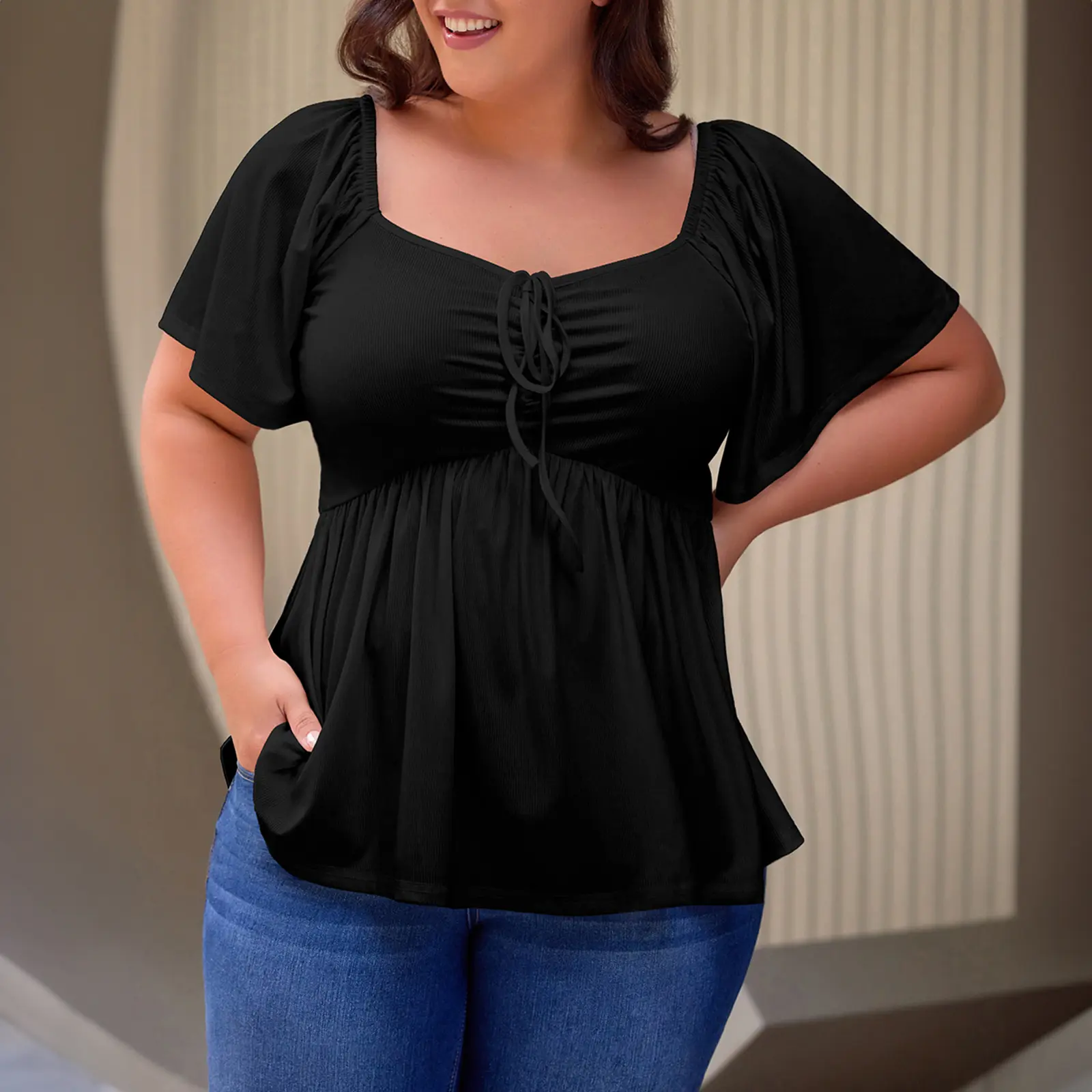Women Plus Size Sweetheart Neck Short Sleeve Shirred Peplum Blouse Tops Shirts(1X-5X)
