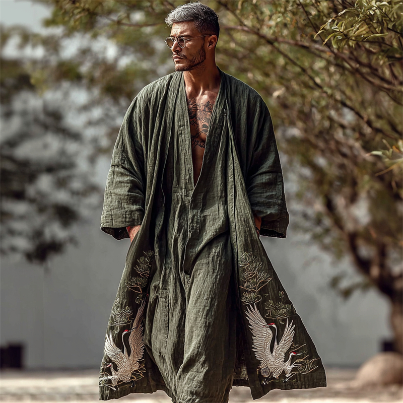 Men's Japanese Cranes & Pine Trees Linen Long Kimono