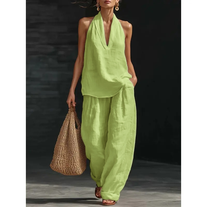 Women's Boho Linen 2 Piece Set - Halter Sleeveless Top & Wide Leg Pants for Beach, Vacation & Brunch