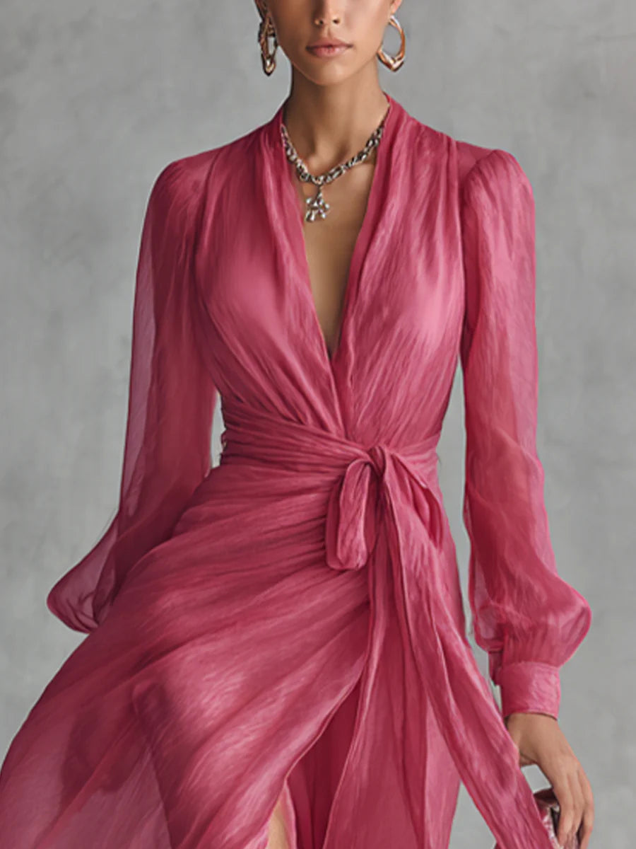 Elegant Rose Pink Chiffon V-neck Tie-waist Long Dress