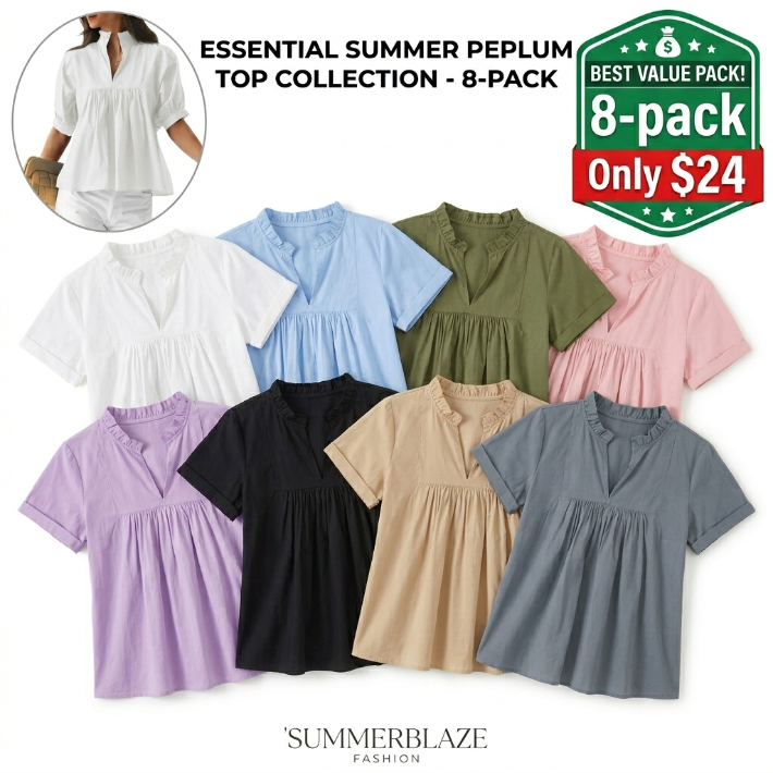 Womens V Neck Puff Sleeve Blouse Babydoll Peplum Tops Dressy Casual Pleated Loose Fit Shirts