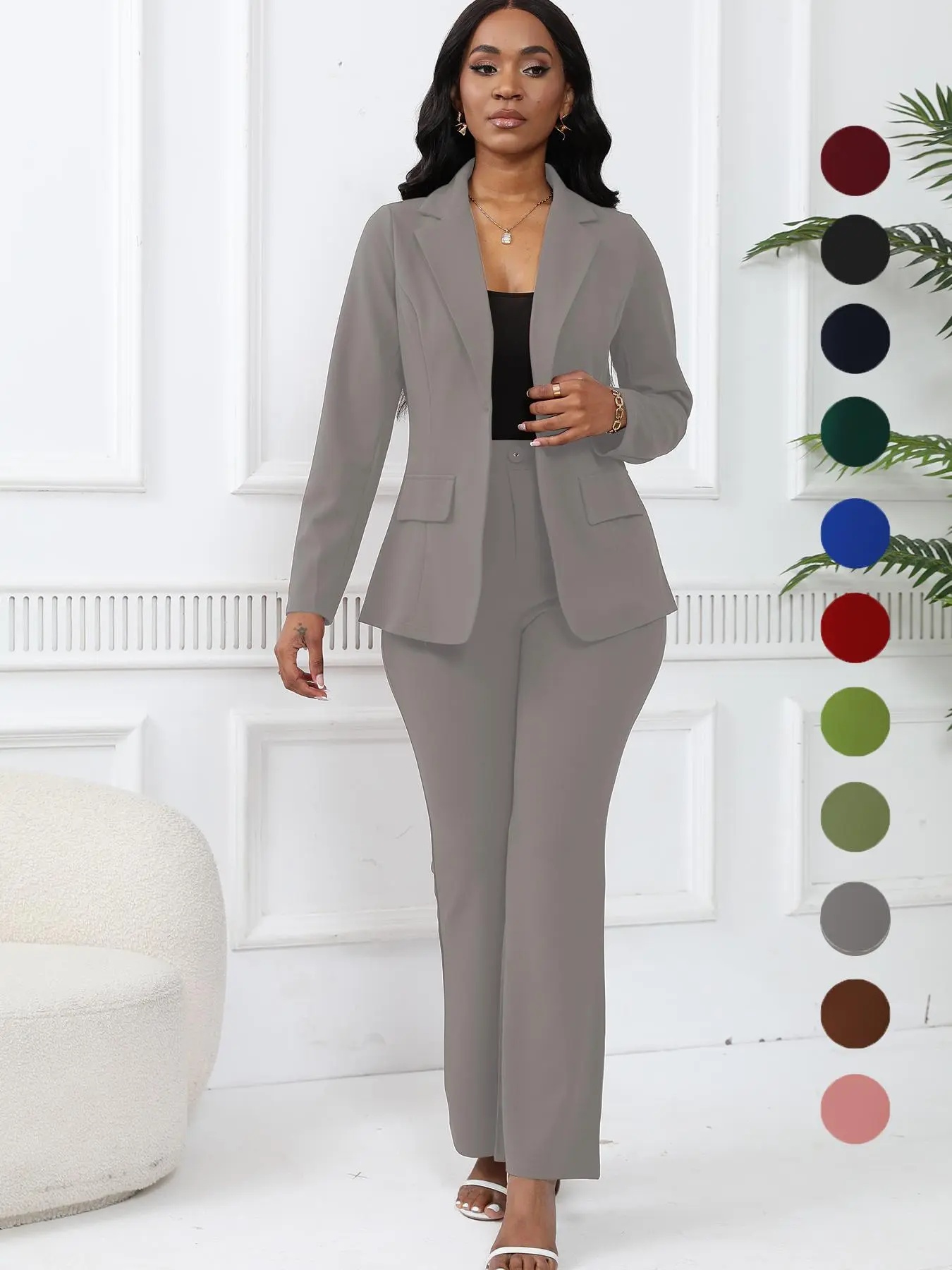 Women's Two-Piece Set Plain Button Lapel Blazer & Suit Pants