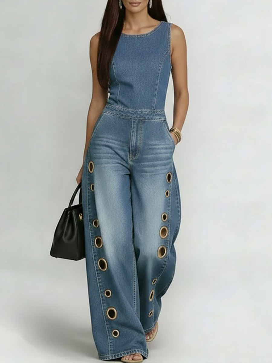 Women's Round Neck Sleeveless Casual Loose Denim Wide-leg Jumpsuit