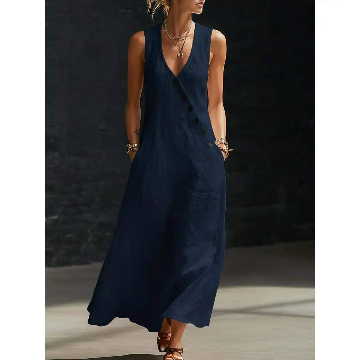 🔥Easter Sale!!Women’s Sleeveless Linen Maxi Dress – V-Neck Button Detail with Pockets