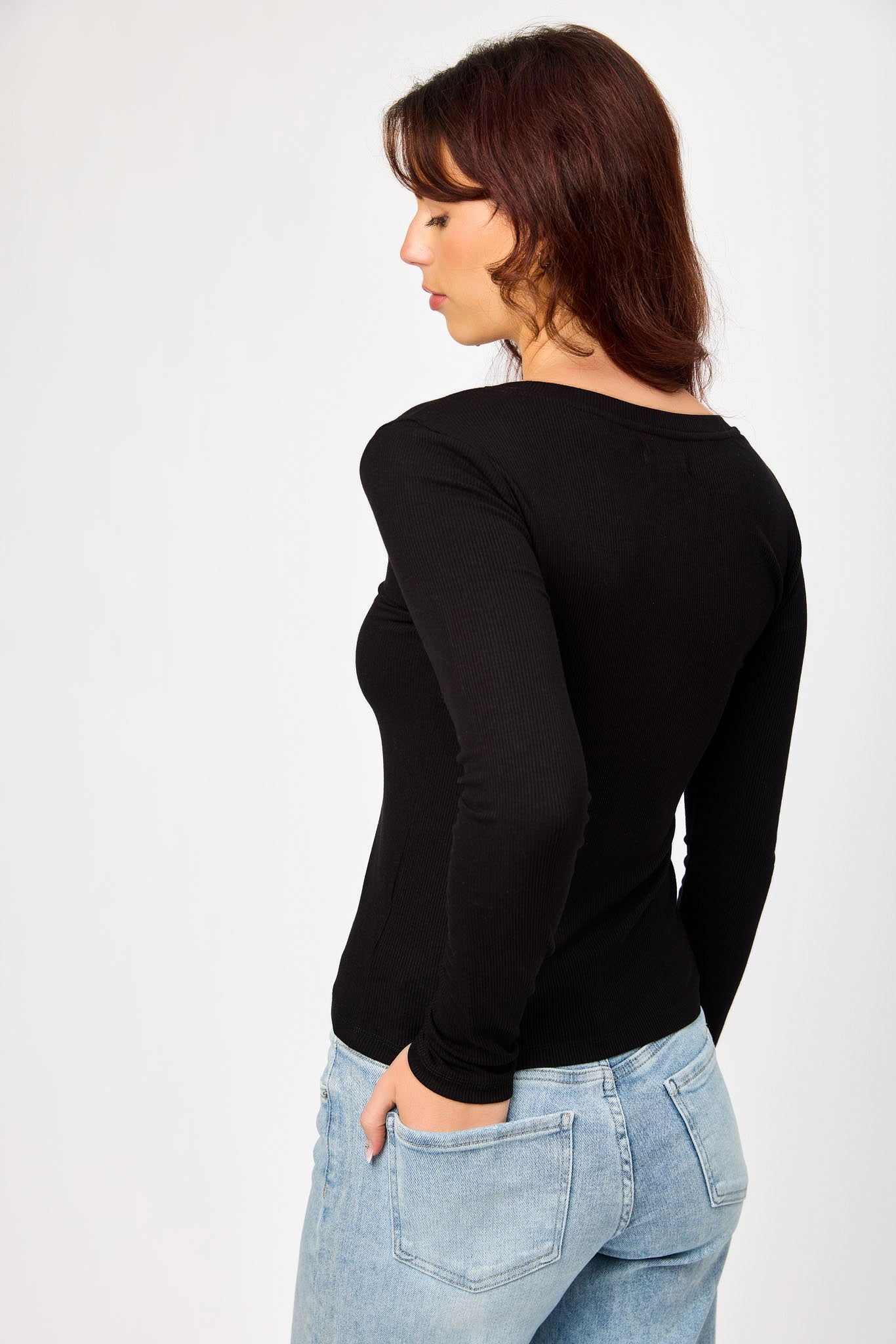 Ribbed V-Neck Long-Sleeve Tee