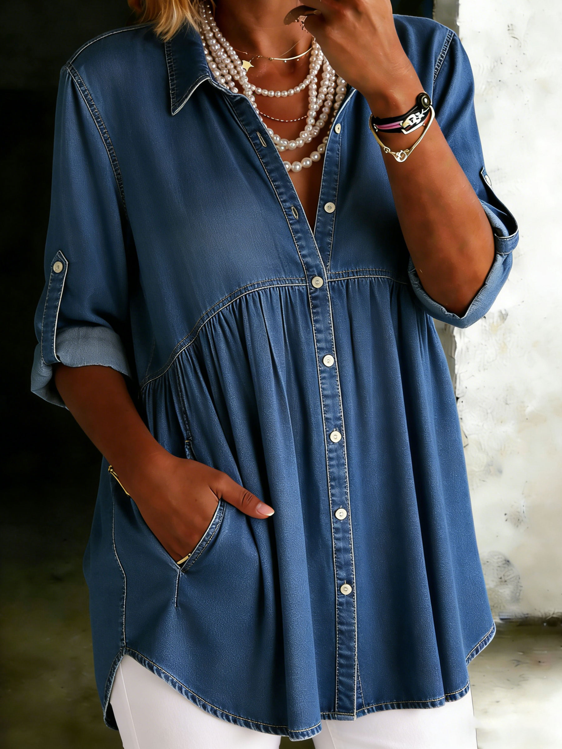 Women's Solid Color Casual Loose Denim Blouse Shirt