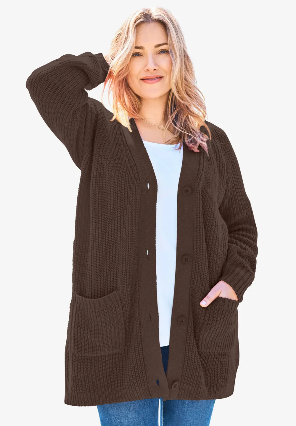 Button-Front Shaker Cardigan