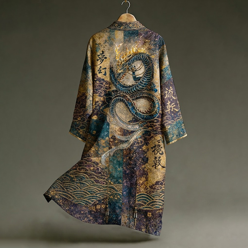 Men's Vintage Japanese Calligraphy Dragon Art Pattern Linen Blend Long Kimono