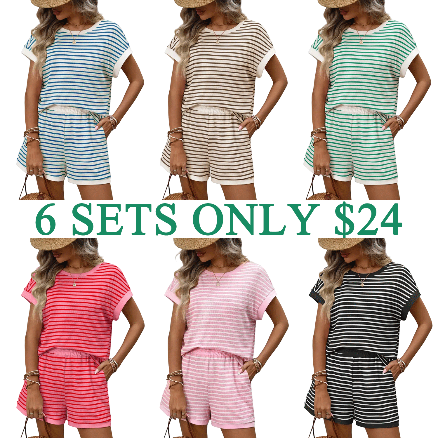 Women’s Pink Striped Knit Lounge Set – Casual Short Sleeve Tee & Shorts 2-Piece Outfit