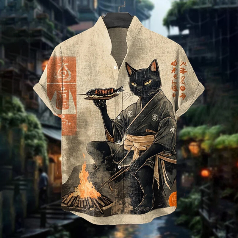 Men's Kimono Black Cat Grilled Fish Art Print Casual Shirt