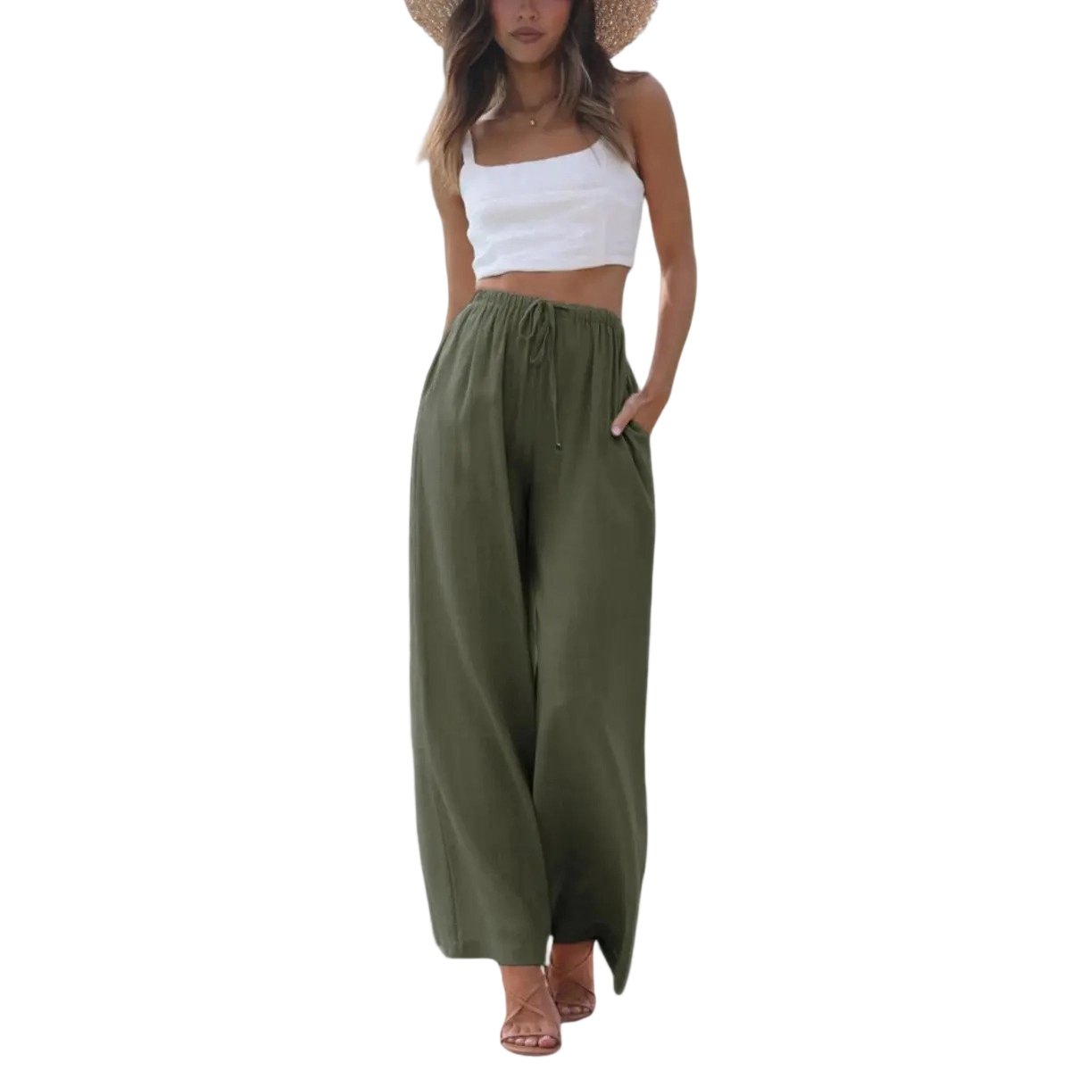 Women's Cotton Linen Summer Palazzo Pants Flowy Wide Leg Beach Trousers with Pockets Casual Womenswear