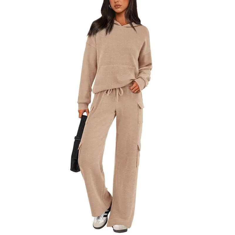 Women's Fall Knitted Hoodie Tracksuits Wide Leg Pants With Pocket Sets