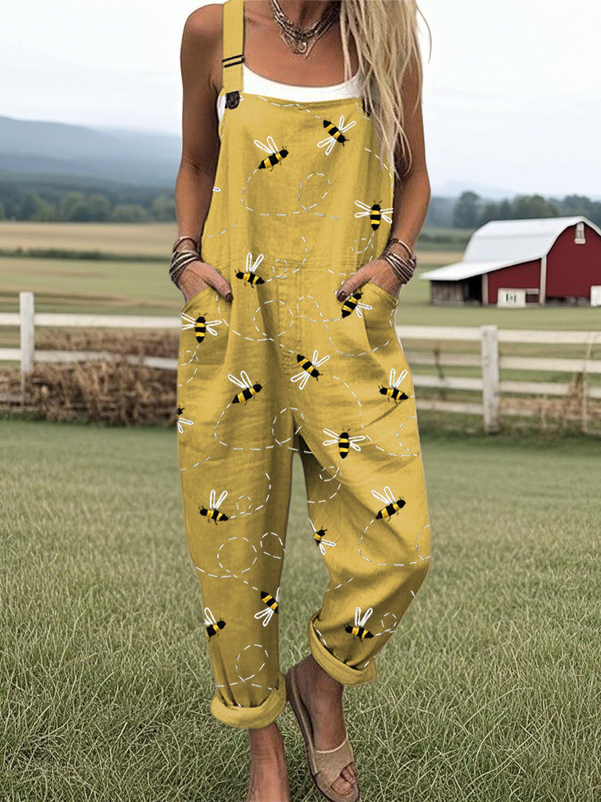 Women's Flying Bees Embroidery Pattern Casual Cotton Wide Leg Jumpsuit