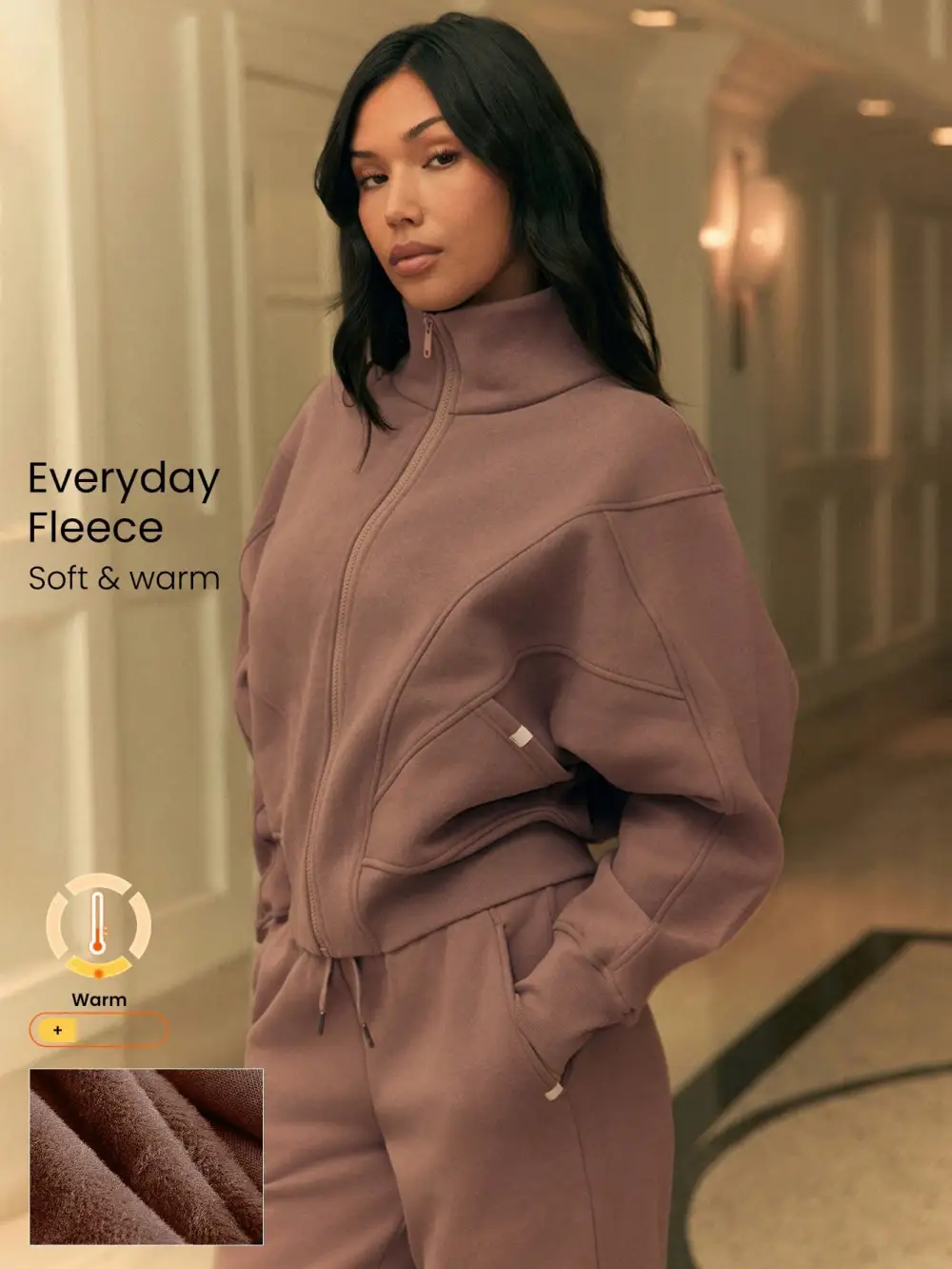 Everyday Fleece WarmthSoft Warm Lightweight Front Back Seam Detailing Pockets Batwing Sleeve High Neckline Full-Zip Jacket