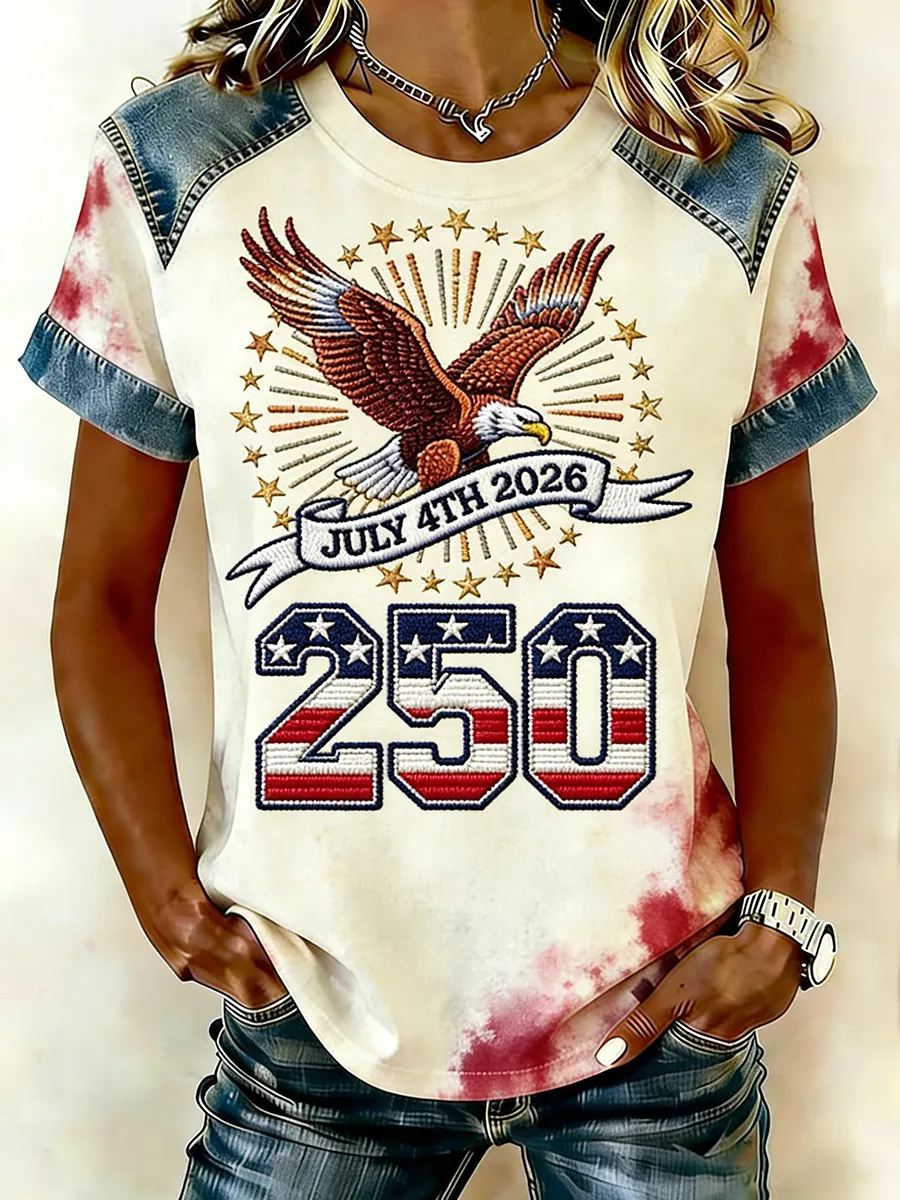 Patriotic American Eagle 250th Independence Day Denim Sleeve Tee