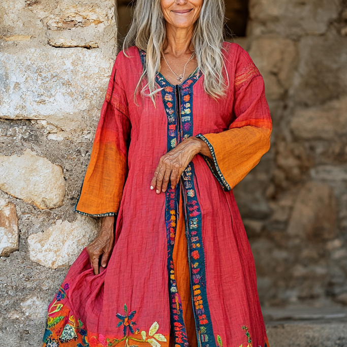 Vintage Loose Linen Patchwork Dress 3cba