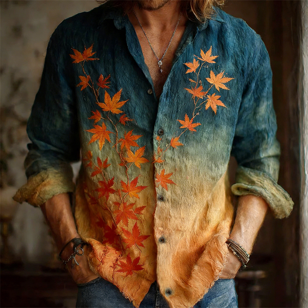 Japanese Maple Leaf Gradient Pattern Men's Linen Long Sleeve Shirt