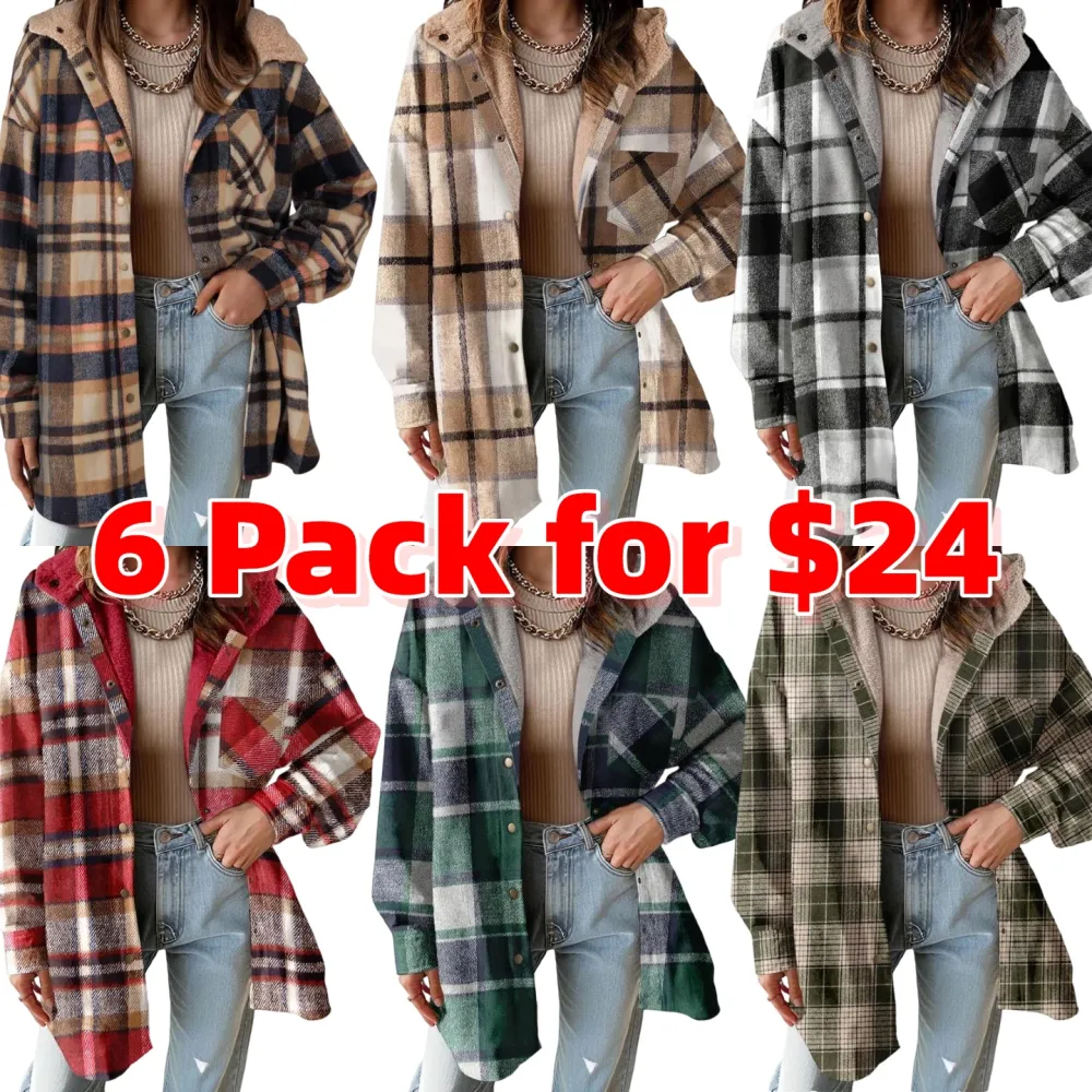 Women's Flannel Hooded Plaid 2025 Shacket