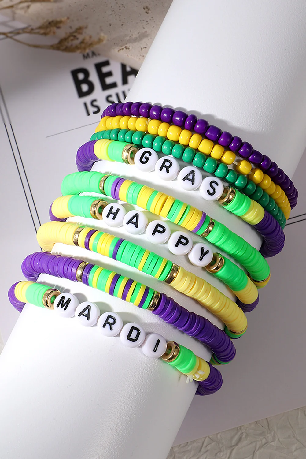 Tillandsia Purple Happy Mardi Gras Beaded Layered Bracelet Set