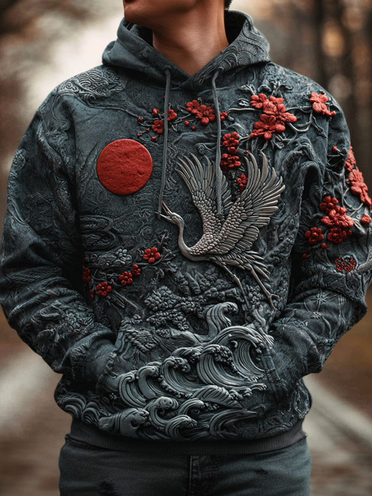Japanese Flower & Crane 3d Art Men's Hooded Sweatshirt