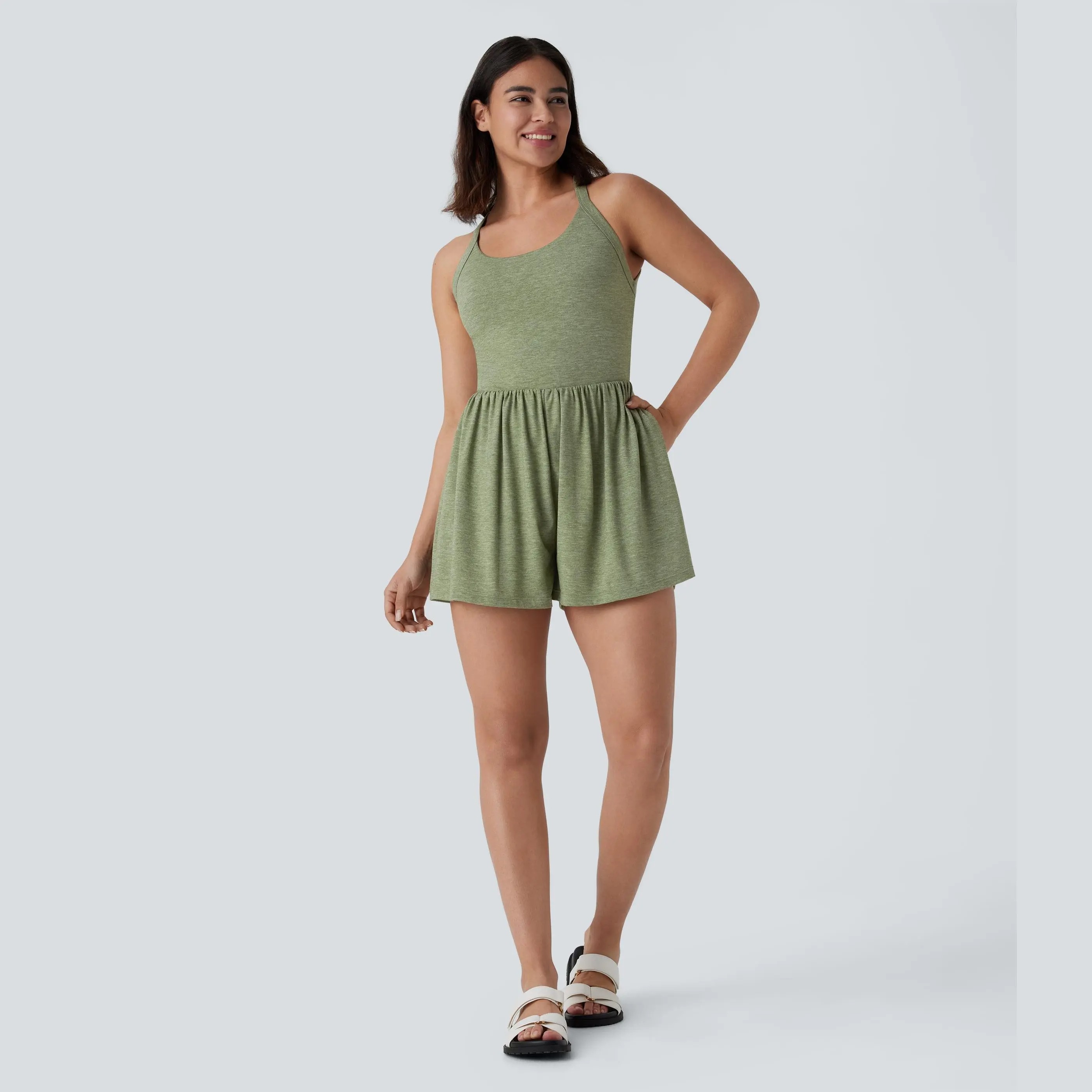 Women's Backless Twisted 2-in-1 Resort Romper with Side Pockets